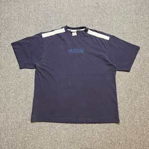 Vintage Reebok T Shirt Size Medium Navy Blue Shoulder Stripe Embroidered 90s Y2K